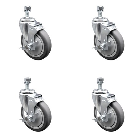 Service Caster 5 Inch SS Thermoplastic Rubber Swivel 1/2 Inch Threaded Stem Caster Set Brake SCC SCC-SSTS20S514-TPRB-TLB-M1215-4